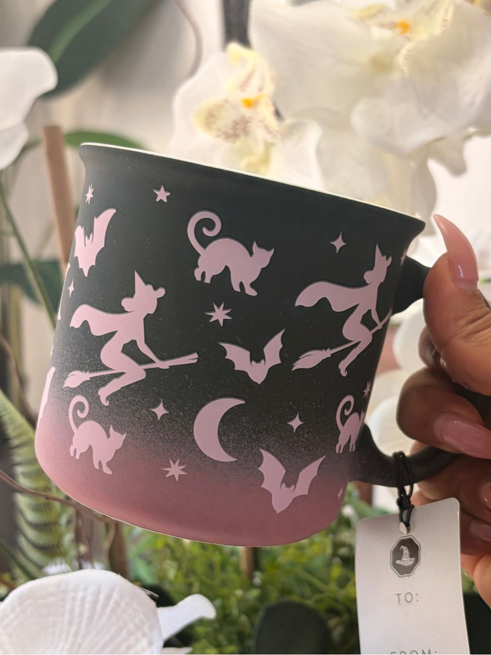 Halloween Black and Pink ombré witch on broom & cat mug- let’s go ghouls!